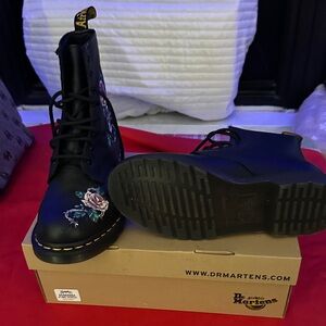 Dr. Martens Black Lace Up Boots with Floral Embroidery